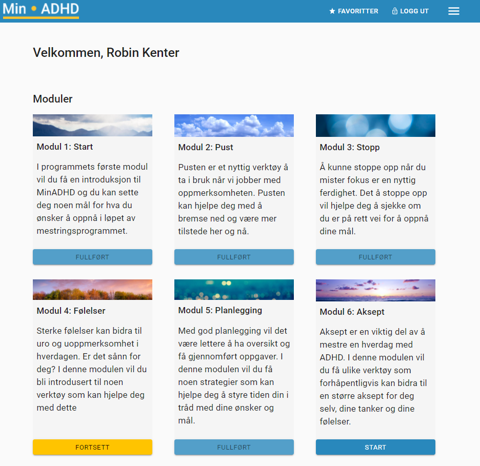 Illustrasjonsbilde av programmet MinADHD, og 6 av modulene inne i programmet. 