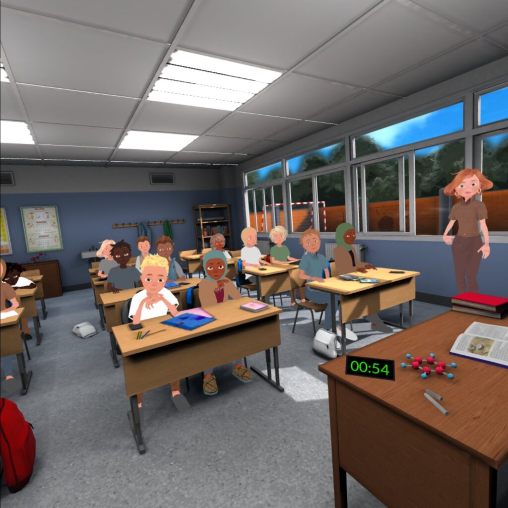 Illustrasjonsbilde av hvordan VR-deltakere ser klasserommet når de skal øve seg på å holde presentasjon. 